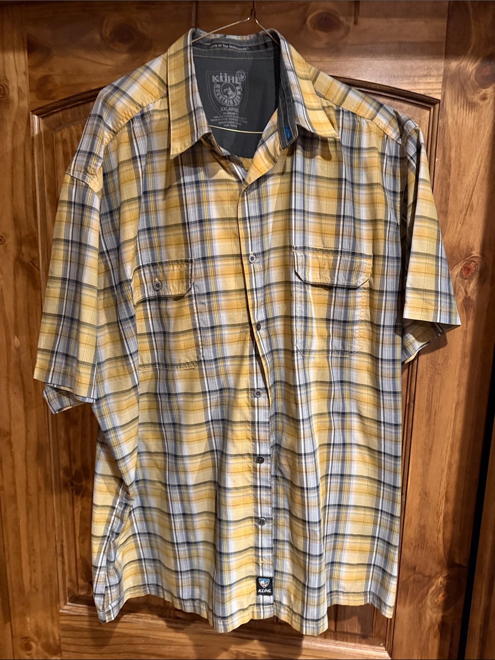 Kuhl Men's Yellow and Blue Plaid Short-Sleeve Button-Down Shirt xxl